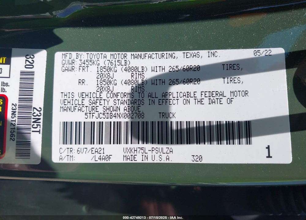 2022 TOYOTA TUNDRA VIN: 5TFJC5DB4NX002708
