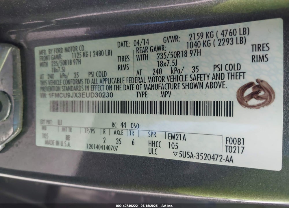 2014 FORD ESCAPE VIN: 1FMCU9JX3EUD30230