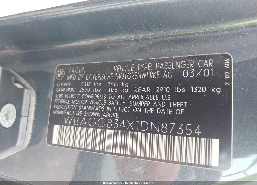 2001 BMW 740IA VIN: WBAGG834X1DN87354