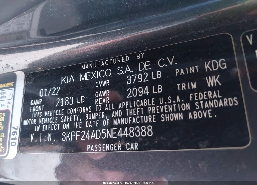 2022 KIA FORTE VIN: 3KPF24AD5NE448388