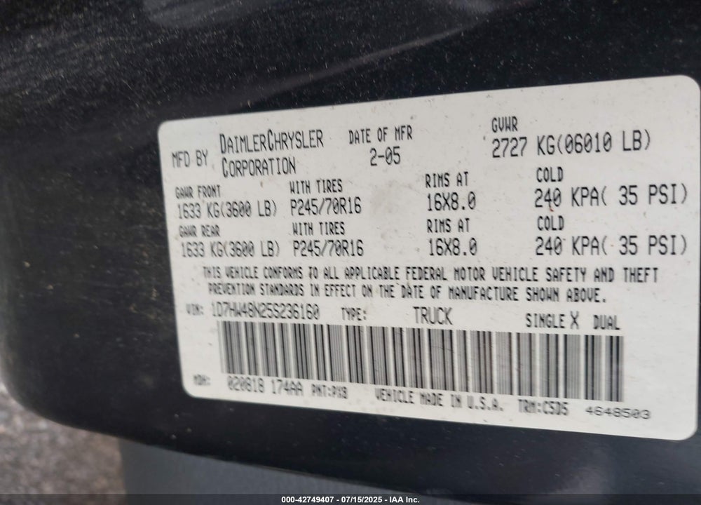 2005 DODGE DAKOTA SLT VIN: 1D7HW48N25S236160