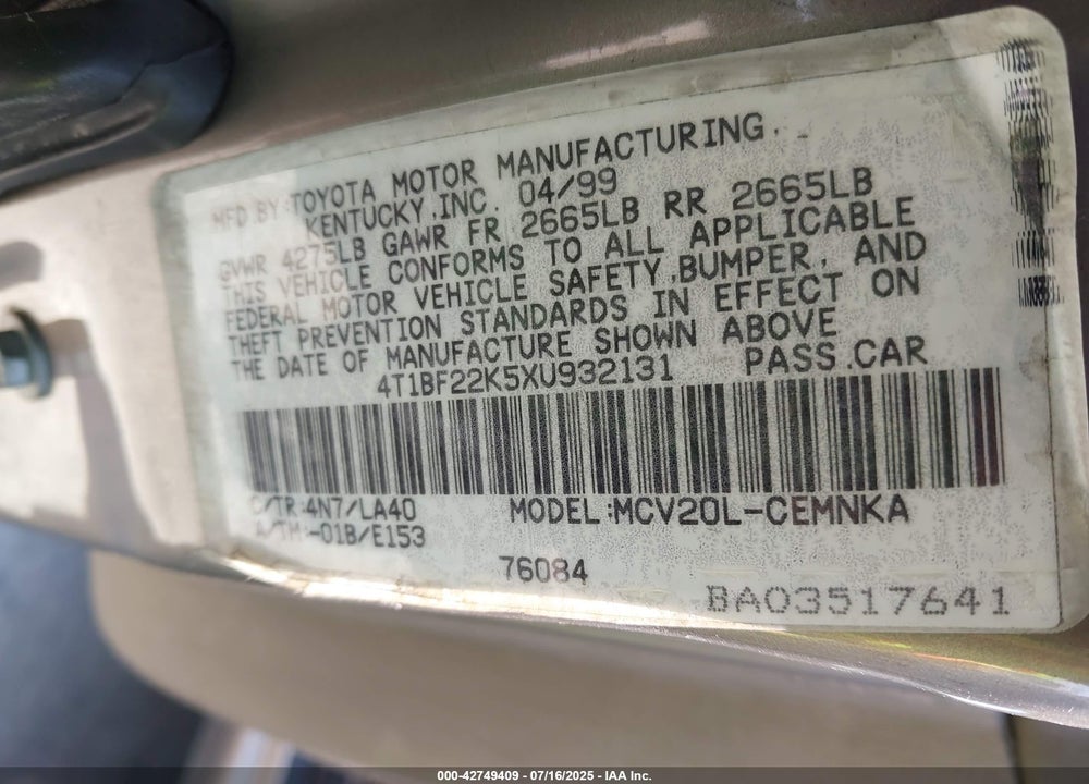 1999 TOYOTA CAMRY LE V6 VIN: 4T1BF22K5XU932131