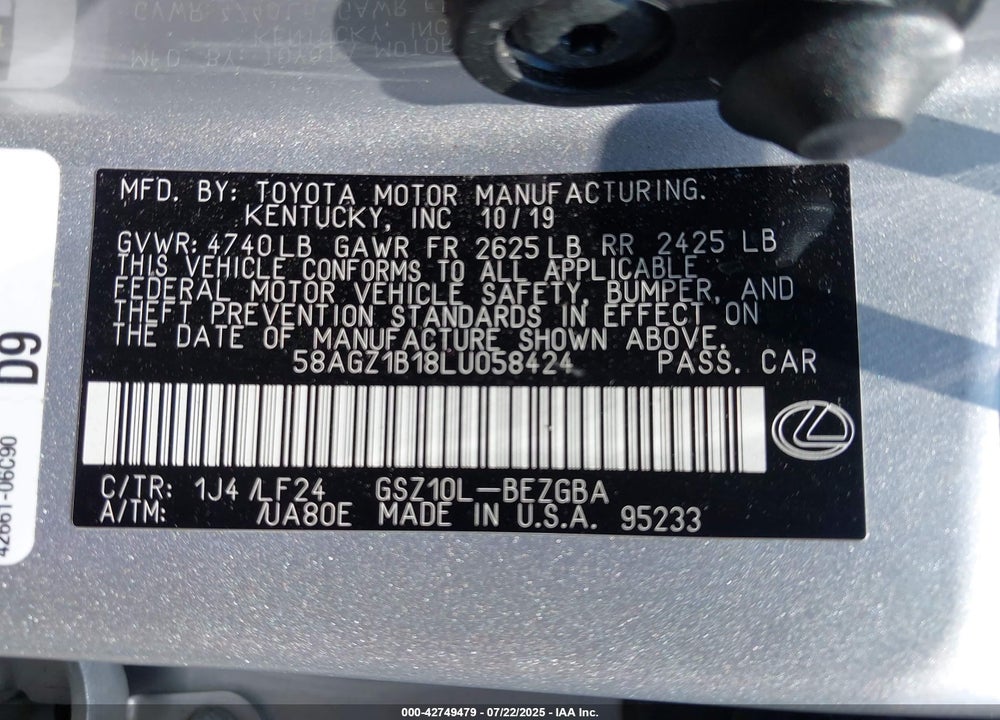 2020 LEXUS ES350 VIN: 58AGZ1B18LU058424
