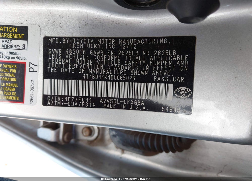 2013 TOYOTA CAMRY HYBRID VIN: 4T1BD1FK1DU065025