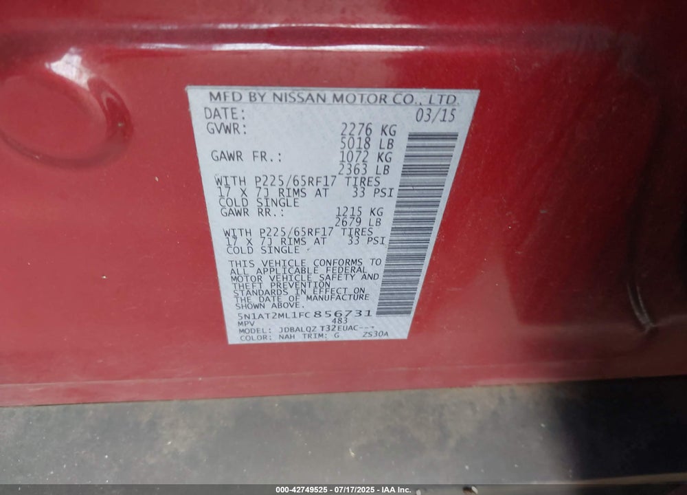 2015 NISSAN ROGUE VIN: 5N1AT2ML1FC856731