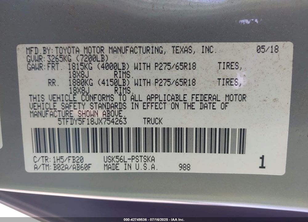 2018 TOYOTA TUNDRA VIN: 5TFDY5F18JX754263