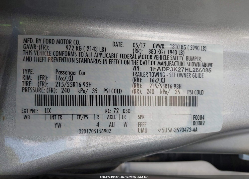 2017 FORD FOCUS VIN: 1FADP3K27HL286085