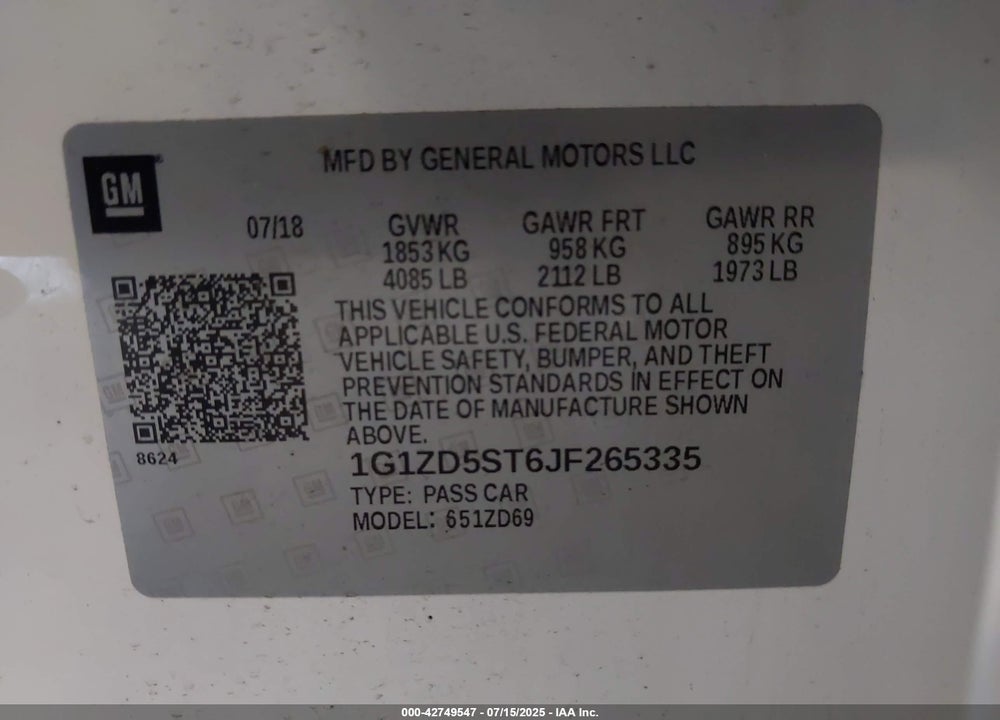 2018 CHEVROLET MALIBU LT VIN: 1G1ZD5ST6JF265335
