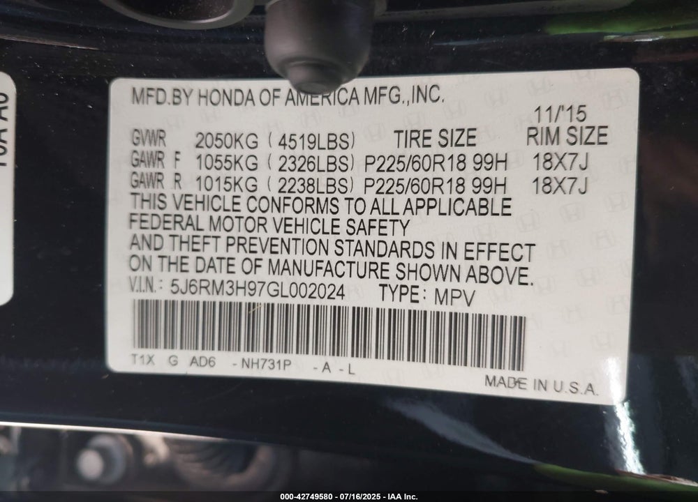 2016 HONDA CR-V VIN: 5J6RM3H97GL002024