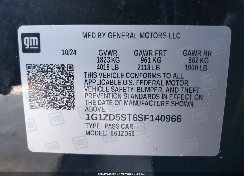 2025 CHEVROLET MALIBU FWD 1LT VIN: 1G1ZD5ST6SF140966