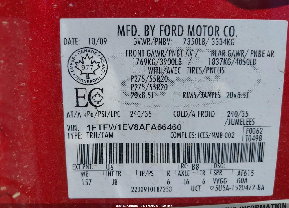 2010 FORD F-150 VIN: 1FTFW1EV8AFA66460