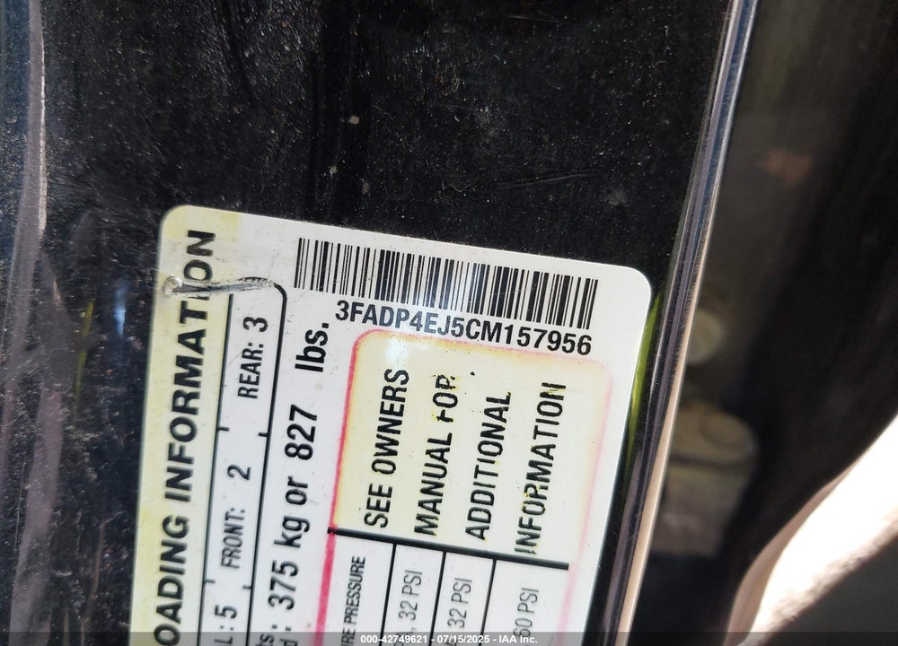 2012 FORD FIESTA VIN: 3FADP4EJ5CM157956