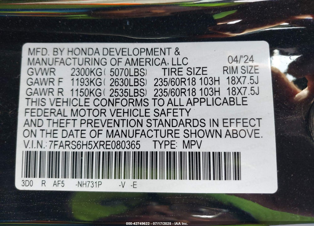 2024 HONDA CR-V VIN: 7FARS6H5XRE080365