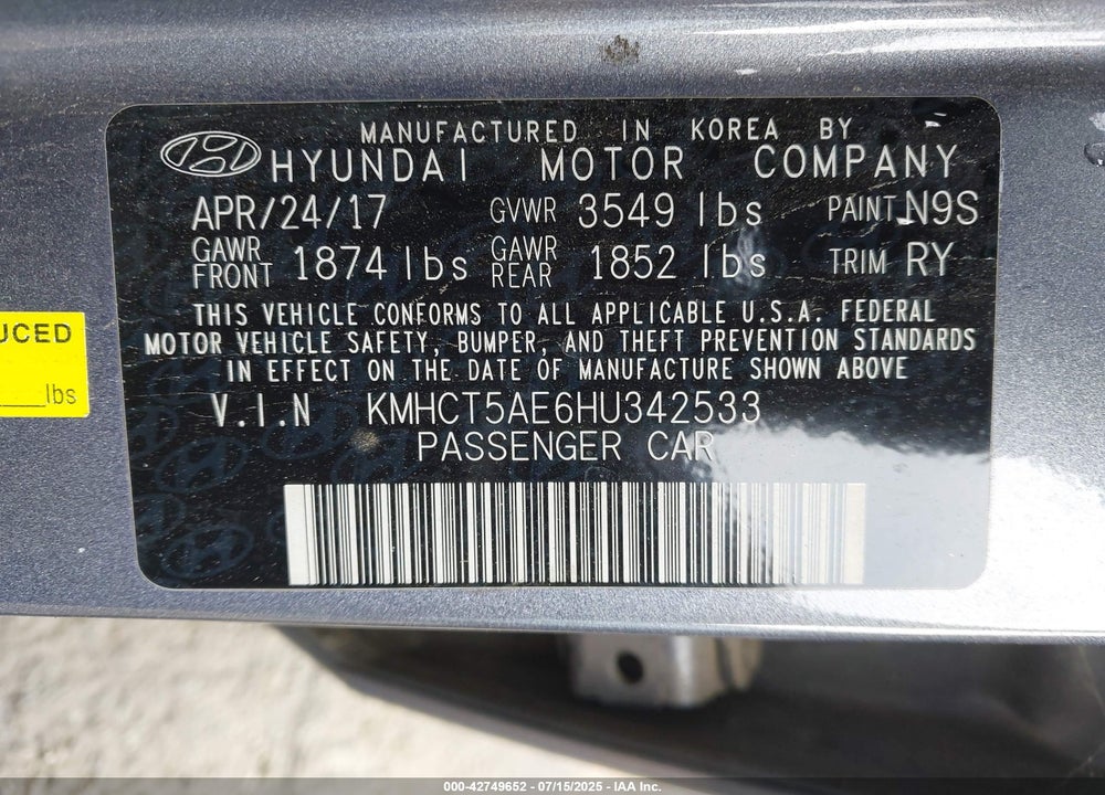 2017 HYUNDAI ACCENT SE VIN: KMHCT5AE6HU342533