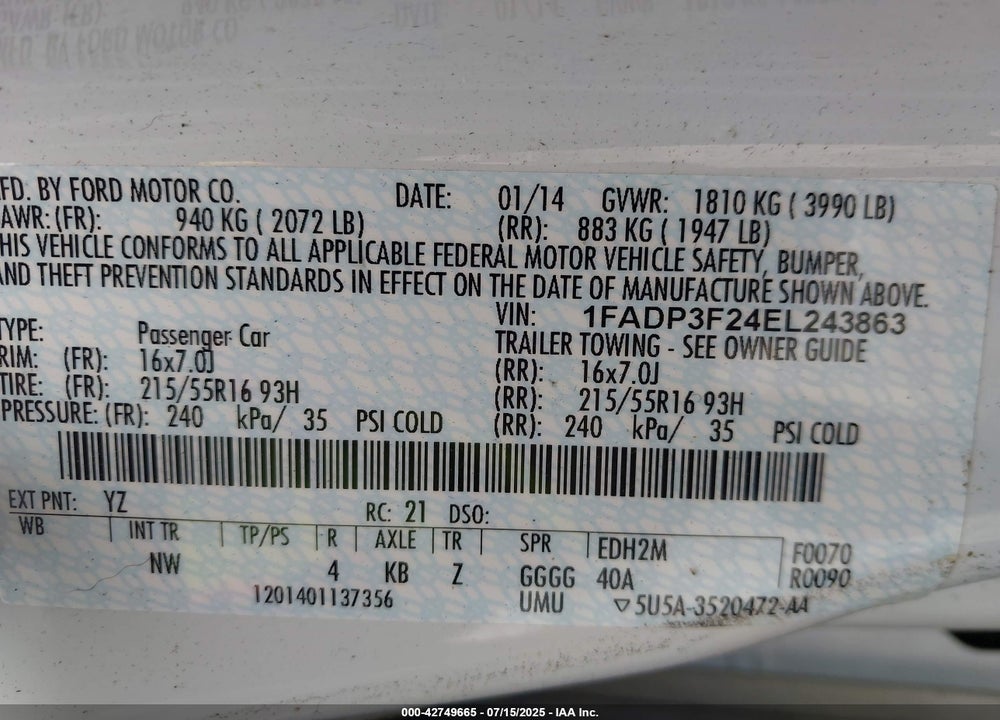 2014 FORD FOCUS VIN: 1FADP3F24EL243863