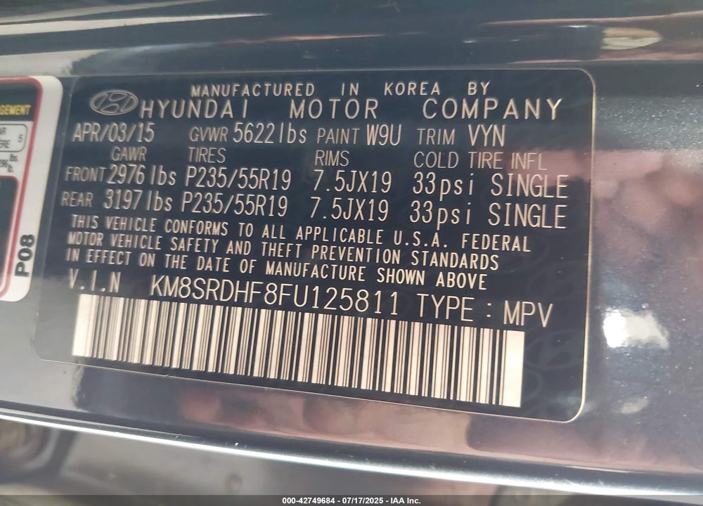 2015 HYUNDAI SANTA FE GLS VIN: KM8SRDHF8FU125811