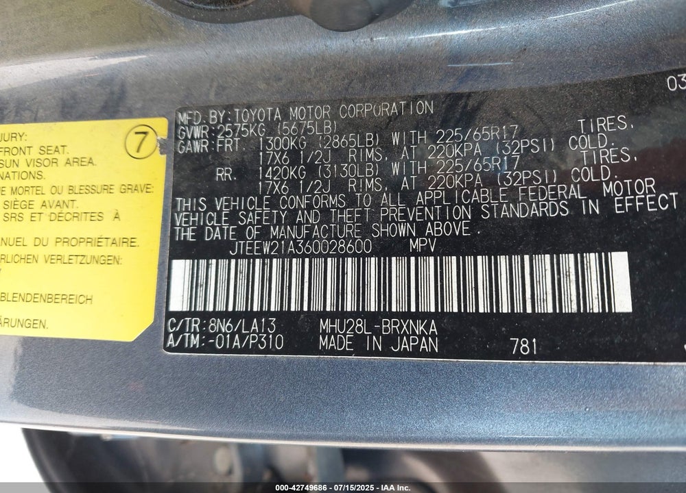 2006 TOYOTA HIGHLANDER HYBRID VIN: JTEEW21A360028600