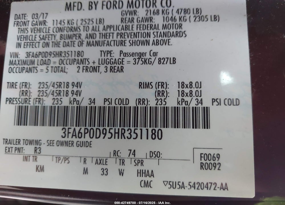 2017 FORD FUSION TITANIUM VIN: 3FA6P0D95HR351180