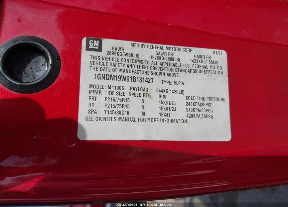 2001 CHEVROLET ASTRO VIN: 1GNDM19W91B131427