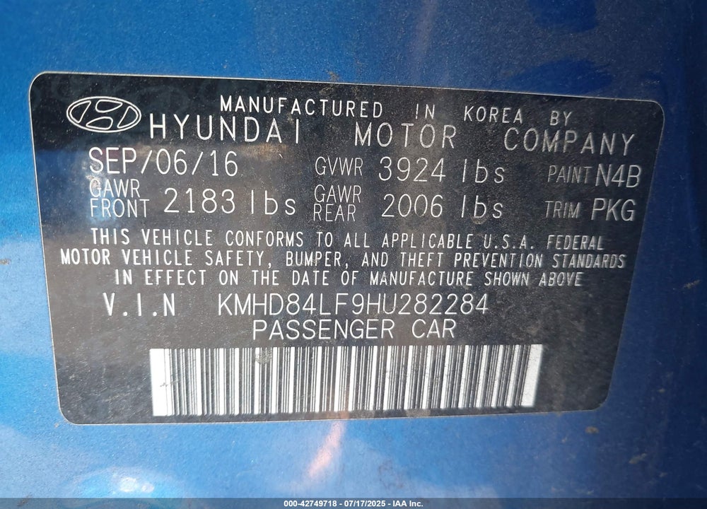 2017 HYUNDAI ELANTRA VIN: KMHD84LF9HU282284