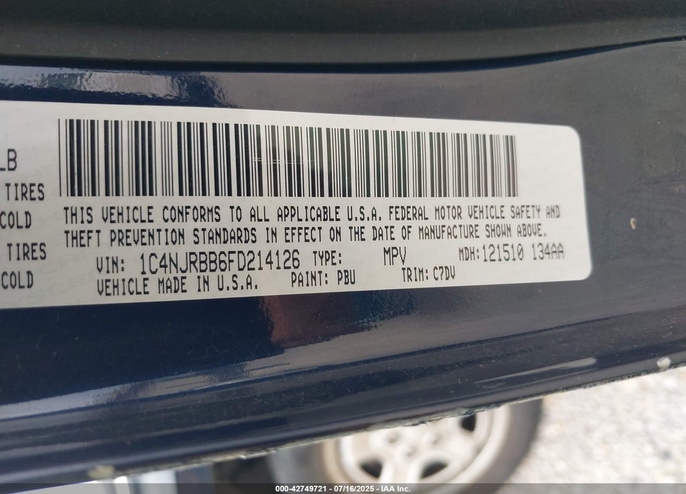 2015 JEEP PATRIOT VIN: 1C4NJRBB6FD214126