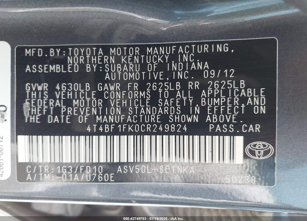 2012 TOYOTA CAMRY VIN: 4T4BF1FK0CR249824