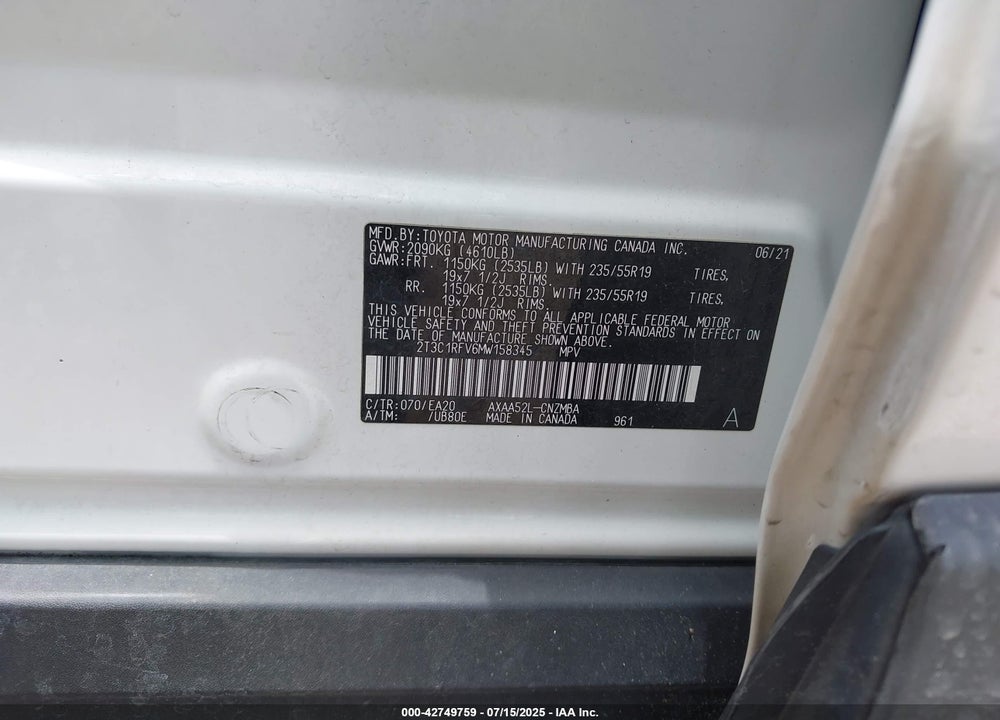 2021 TOYOTA RAV4 XLE PREMIUM VIN: 2T3C1RFV6MW158345