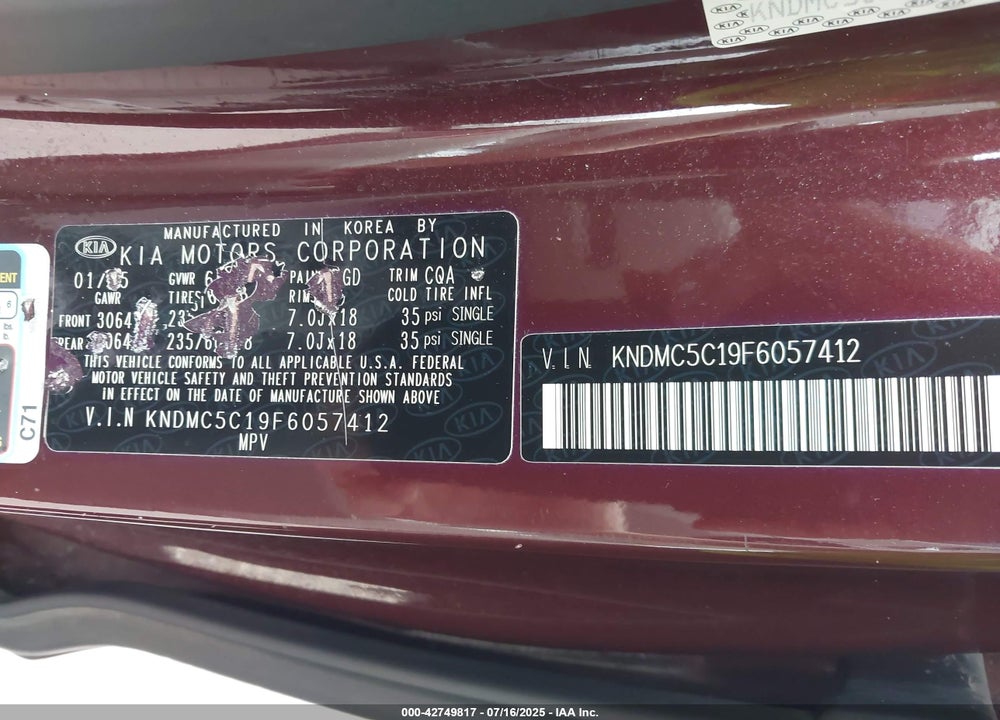 2015 KIA SEDONA EX VIN: KNDMC5C19F6057412