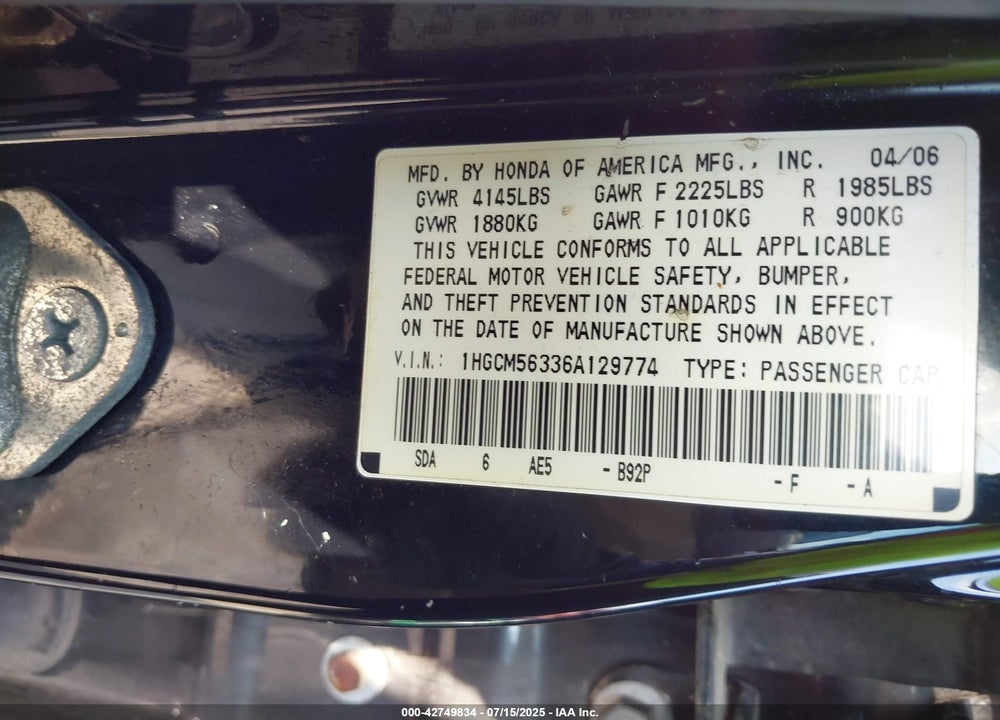 2006 HONDA ACCORD VIN: 1HGCM56336A129774