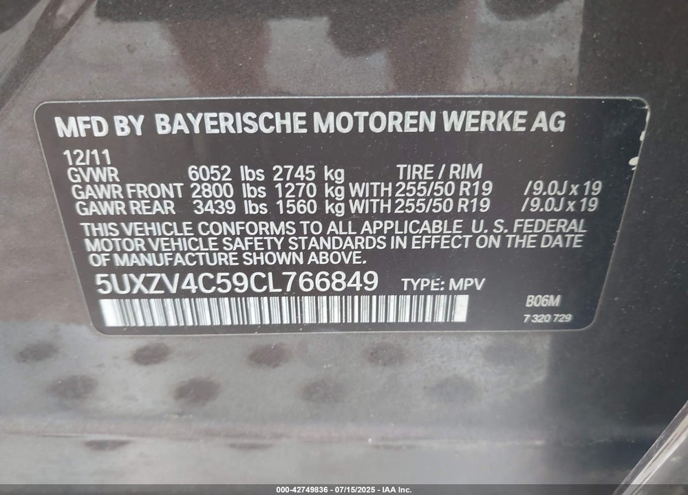 2012 BMW X5 VIN: 5UXZV4C59CL766849