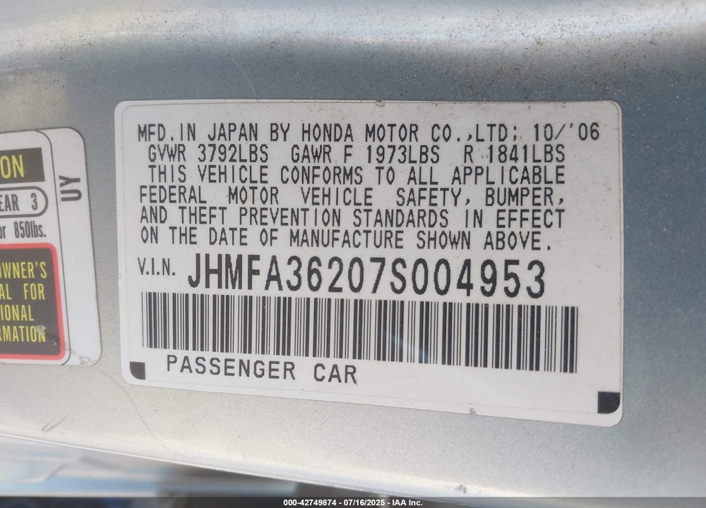 2007 HONDA CIVIC HYBRID VIN: JHMFA36207S004953