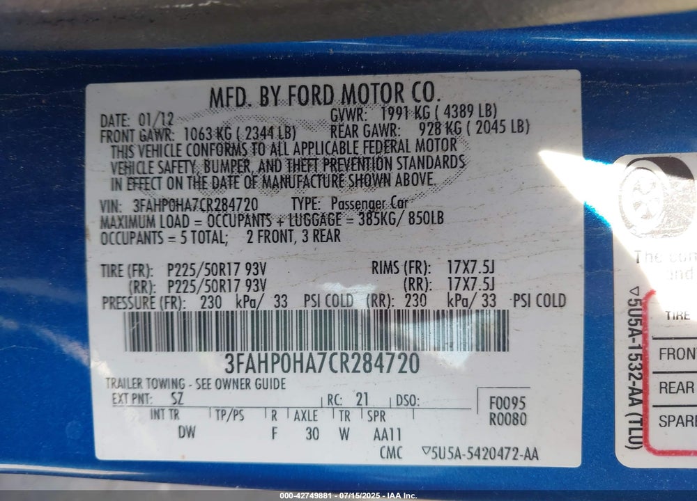 2012 FORD FUSION VIN: 3FAHP0HA7CR284720