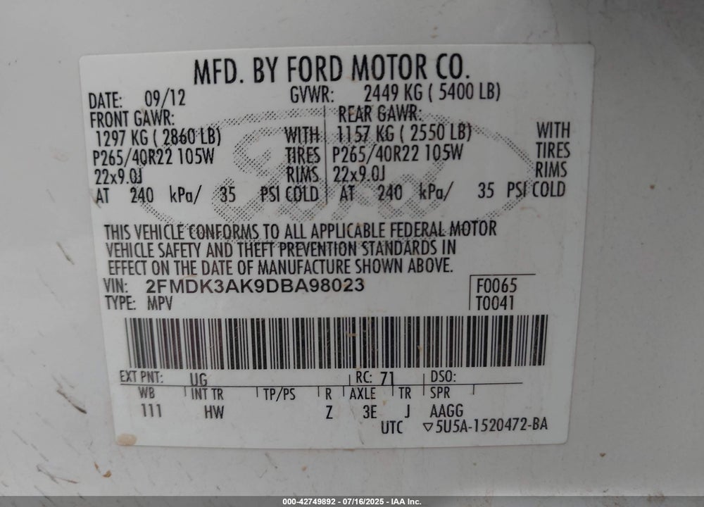 2013 FORD EDGE VIN: 2FMDK3AK9DBA98023