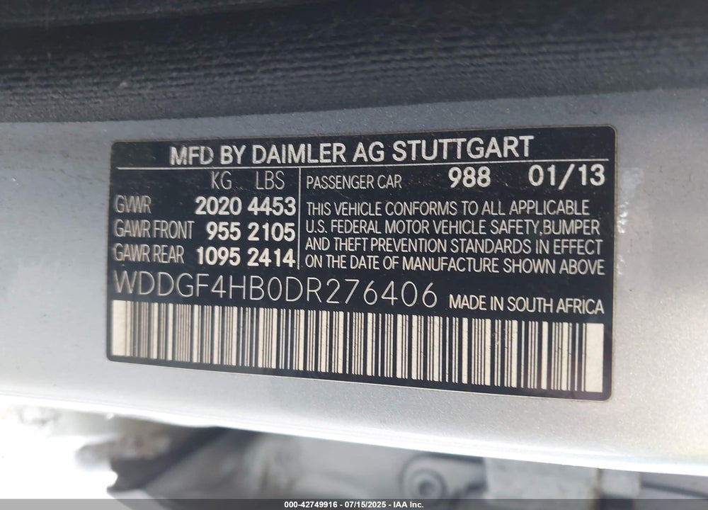 2013 MERCEDES-BENZ C CLASS VIN: WDDGF4HB0DR276406