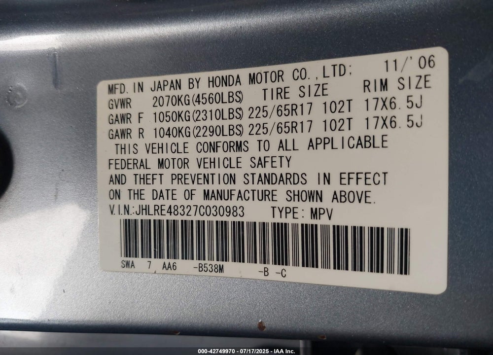 2007 HONDA CR-V LX VIN: JHLRE48327C030983