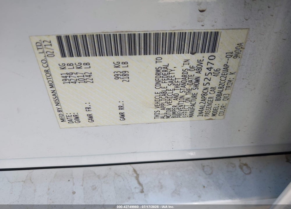 2012 NISSAN ALTIMA VIN: 1N4AL2AP8CN525470