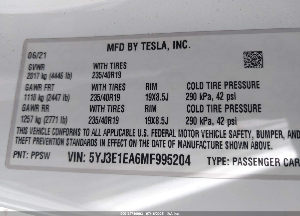 2021 TESLA MODEL 3 VIN: 5YJ3E1EA6MF995204