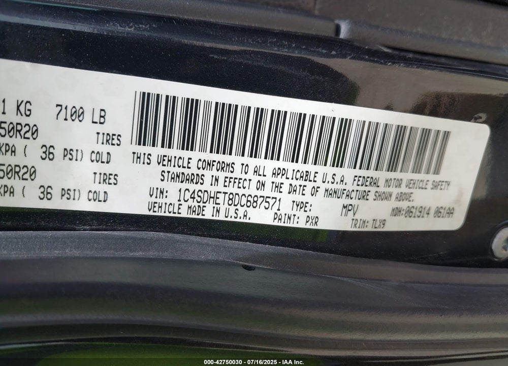 2013 DODGE DURANGO VIN: 1C4SDHET8DC687571
