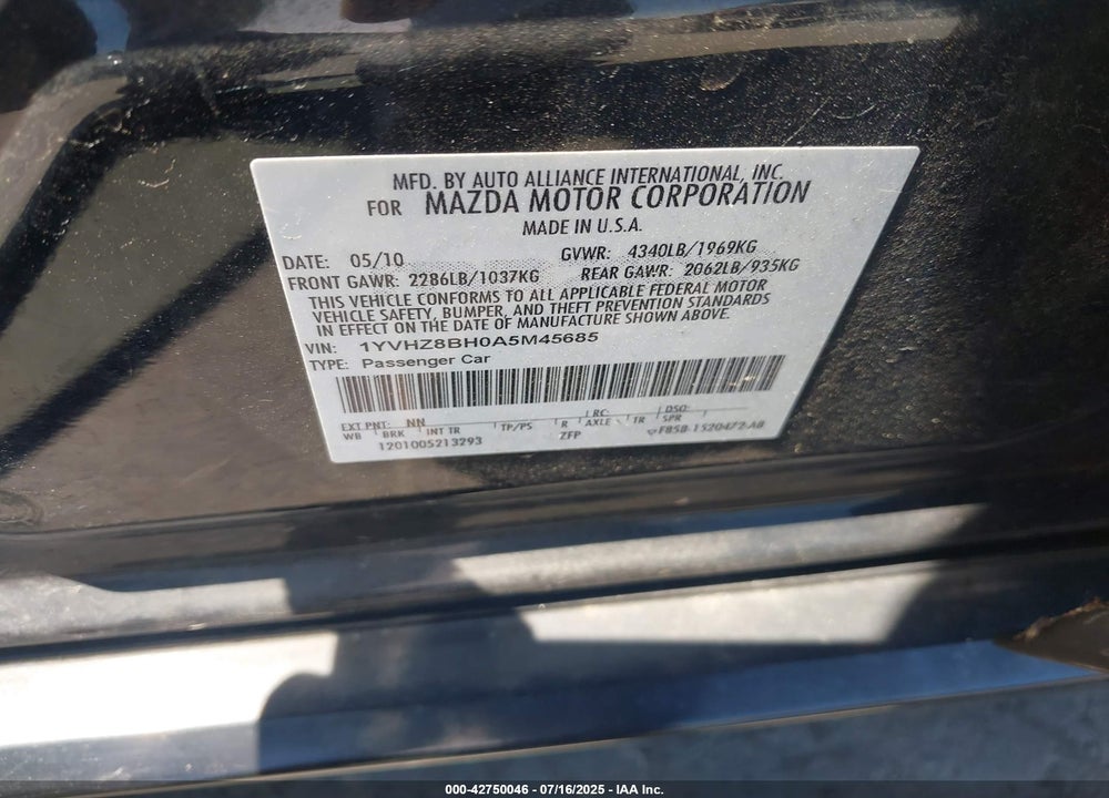 2010 MAZDA 6 VIN: 1YVHZ8BH0A5M45685