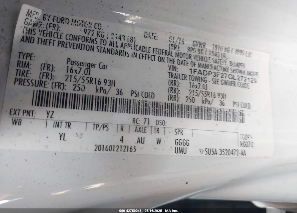 2016 FORD FOCUS VIN: 1FADP3F27GL272129