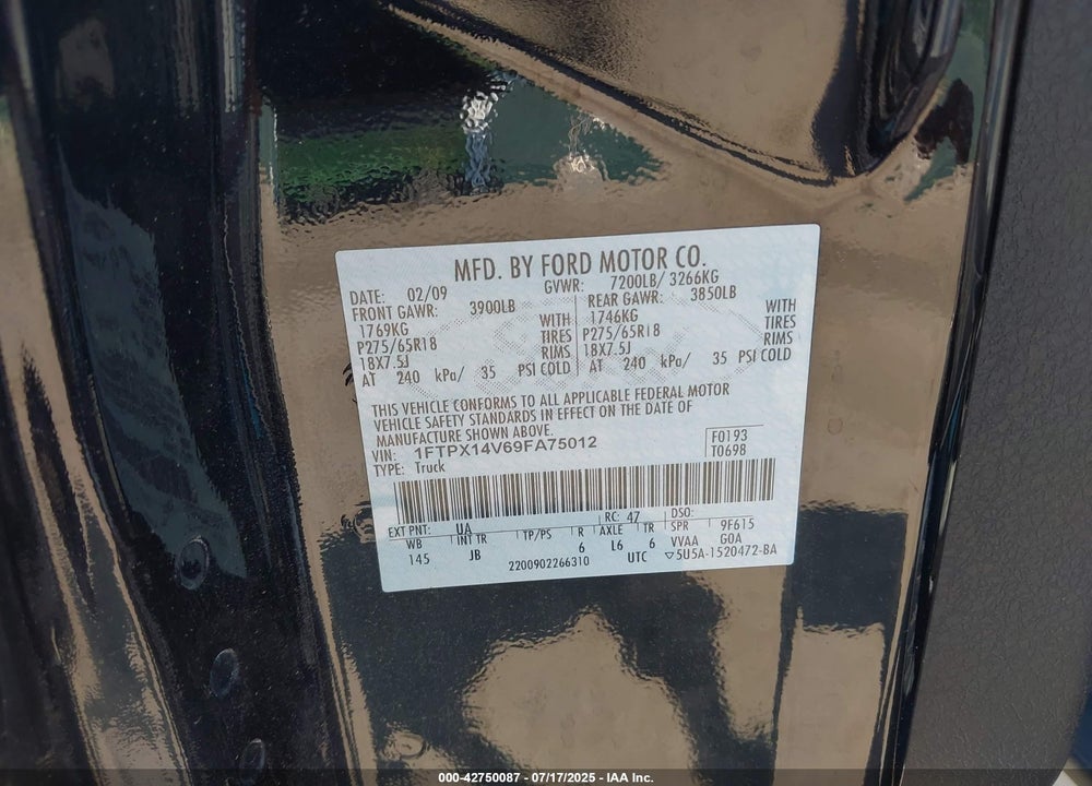 2009 FORD F-150 VIN: 1FTPX14V69FA75012