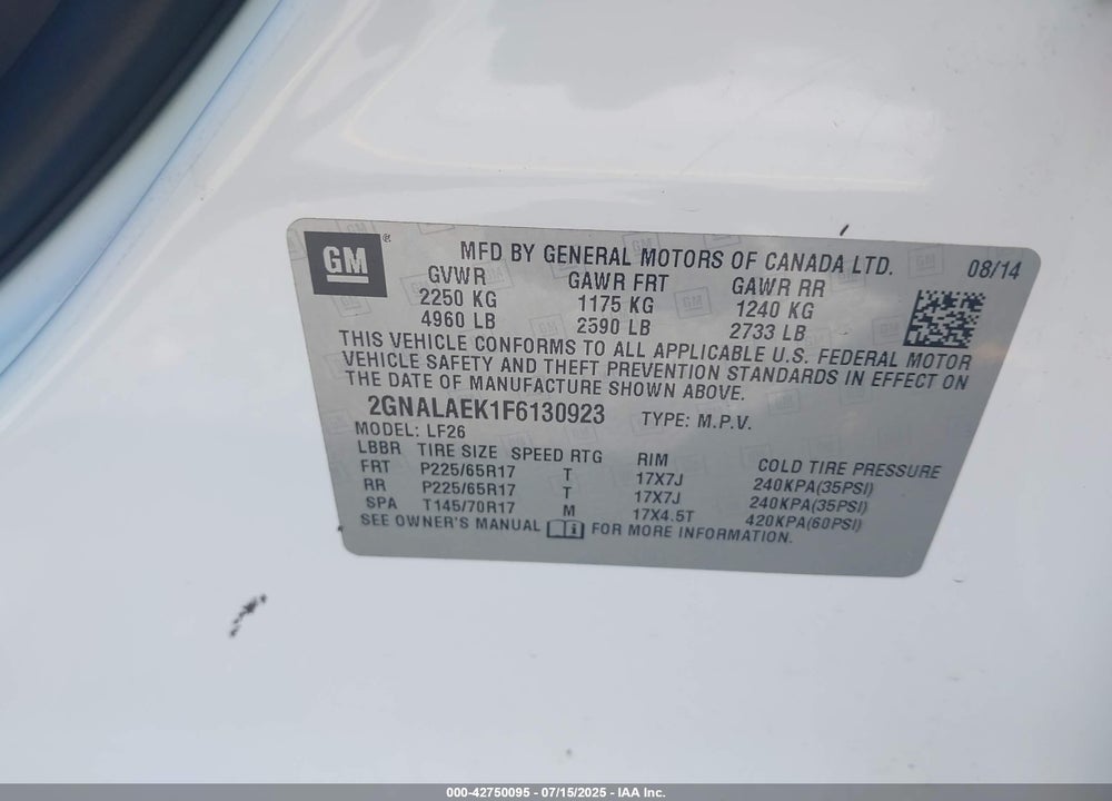 2015 CHEVROLET EQUINOX VIN: 2GNALAEK1F6130923