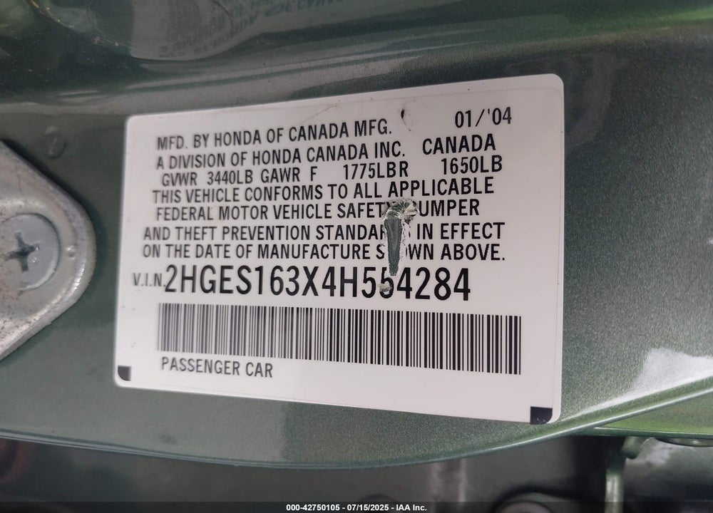 2004 HONDA CIVIC VP VIN: 2HGES163X4H554284