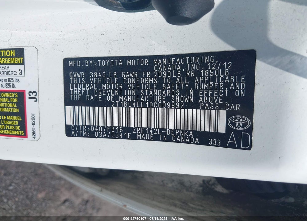 2013 TOYOTA COROLLA VIN: 2T1BU4EE1DC009892