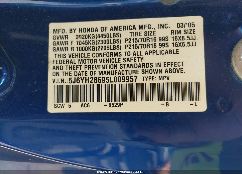 2005 HONDA ELEMENT EX VIN: 5J6YH28695L009957