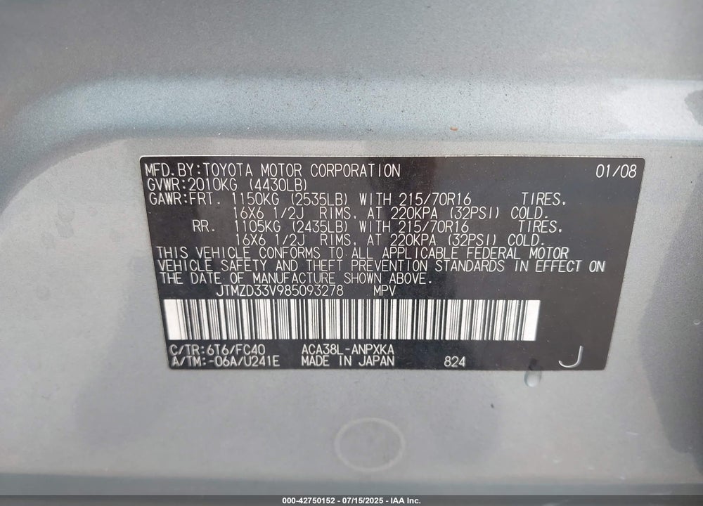 2008 TOYOTA RAV4 VIN: JTMZD33V985093278