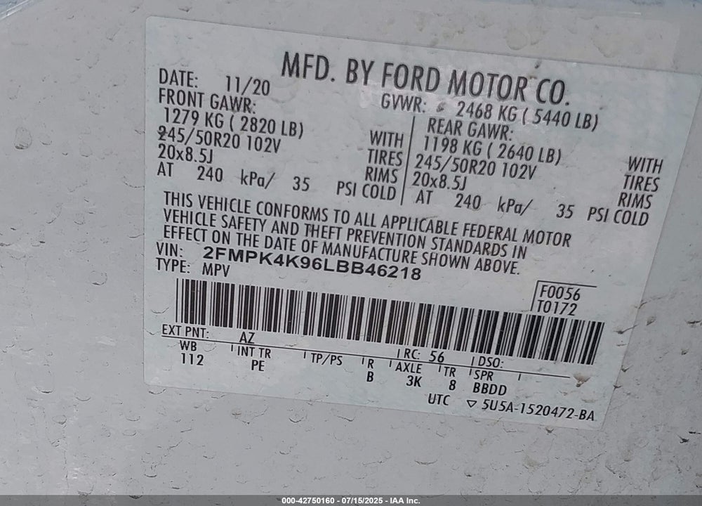 2020 FORD EDGE VIN: 2FMPK4K96LBB46218