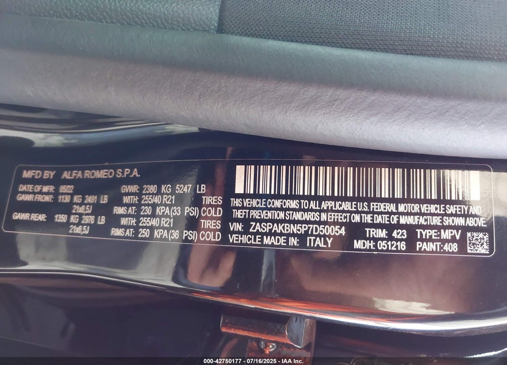 2023 ALFA ROMEO STELVIO VELOCE AWD VIN: ZASPAKBN5P7D50054