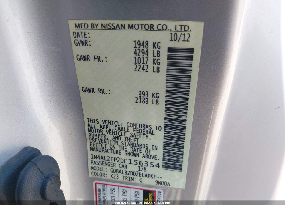 2013 NISSAN ALTIMA 2.5 S VIN: 1N4AL2EP2DC156354