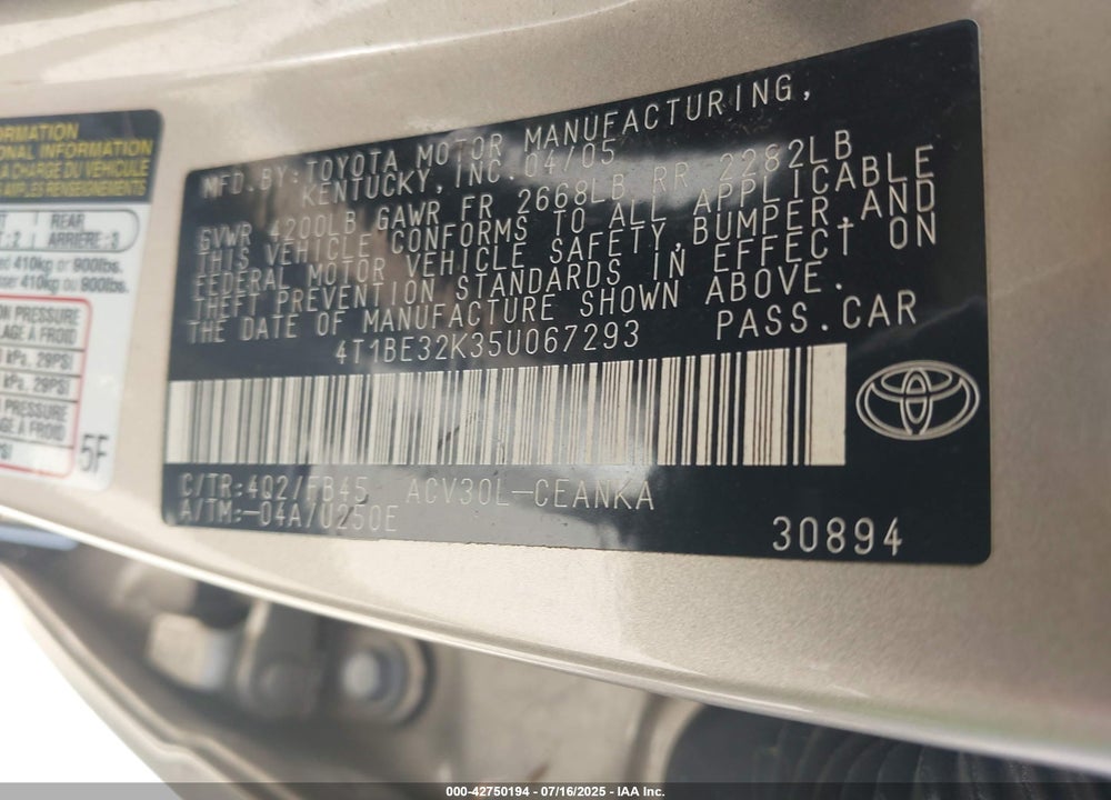 2005 TOYOTA CAMRY LE VIN: 4T1BE32K35U067293